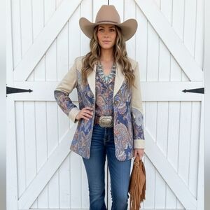 Graver Susan Graver Printed Knit Jacket Suede Shawl Collar 3 Button  Ivory Blue